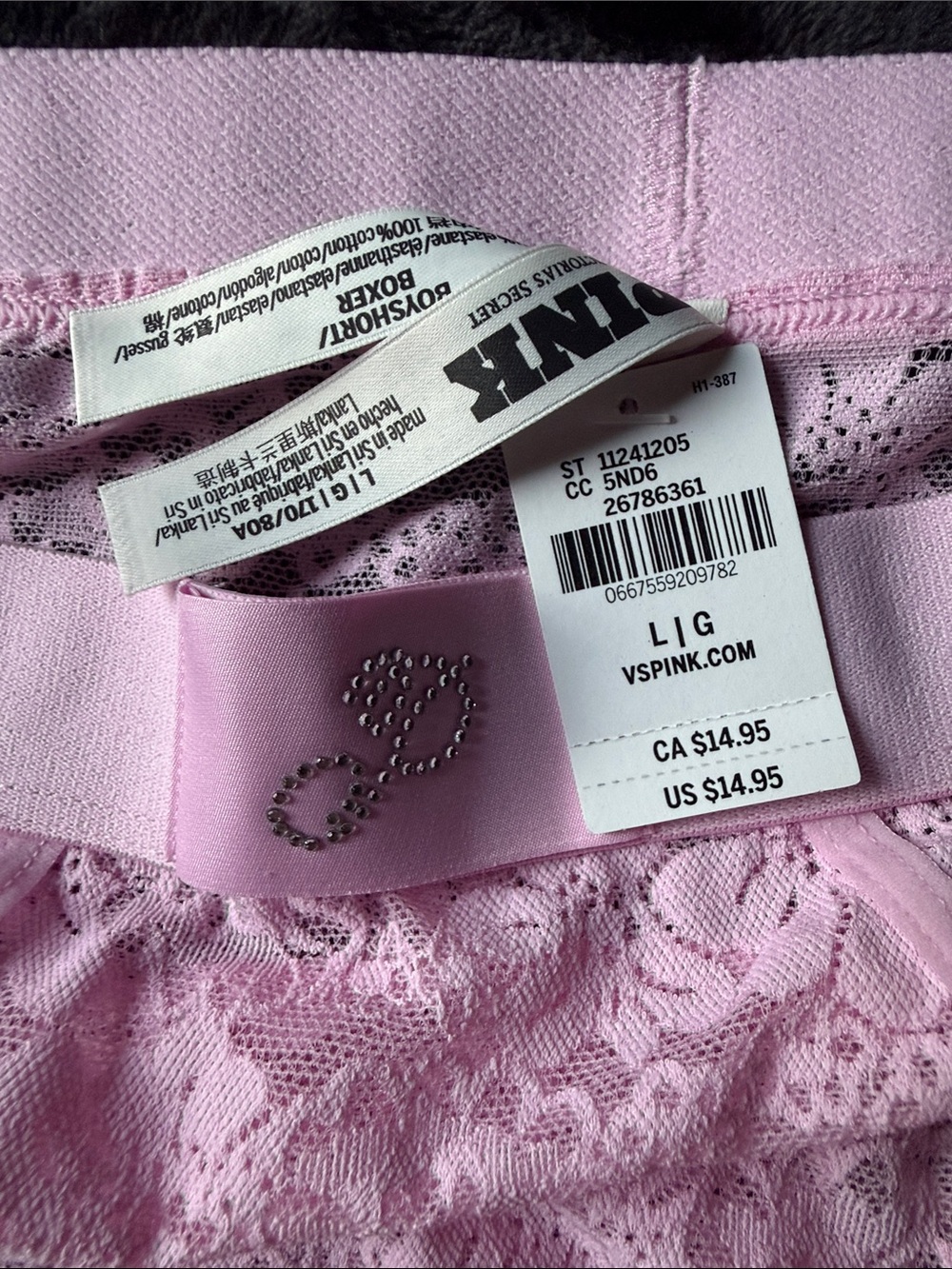 PINK Victoria's Secret Light Pink Lace boyshorts with Rhinestone Heart